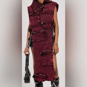 New AKIRA Sleeveless Burgundy Denim long cargo vest size L/XL
